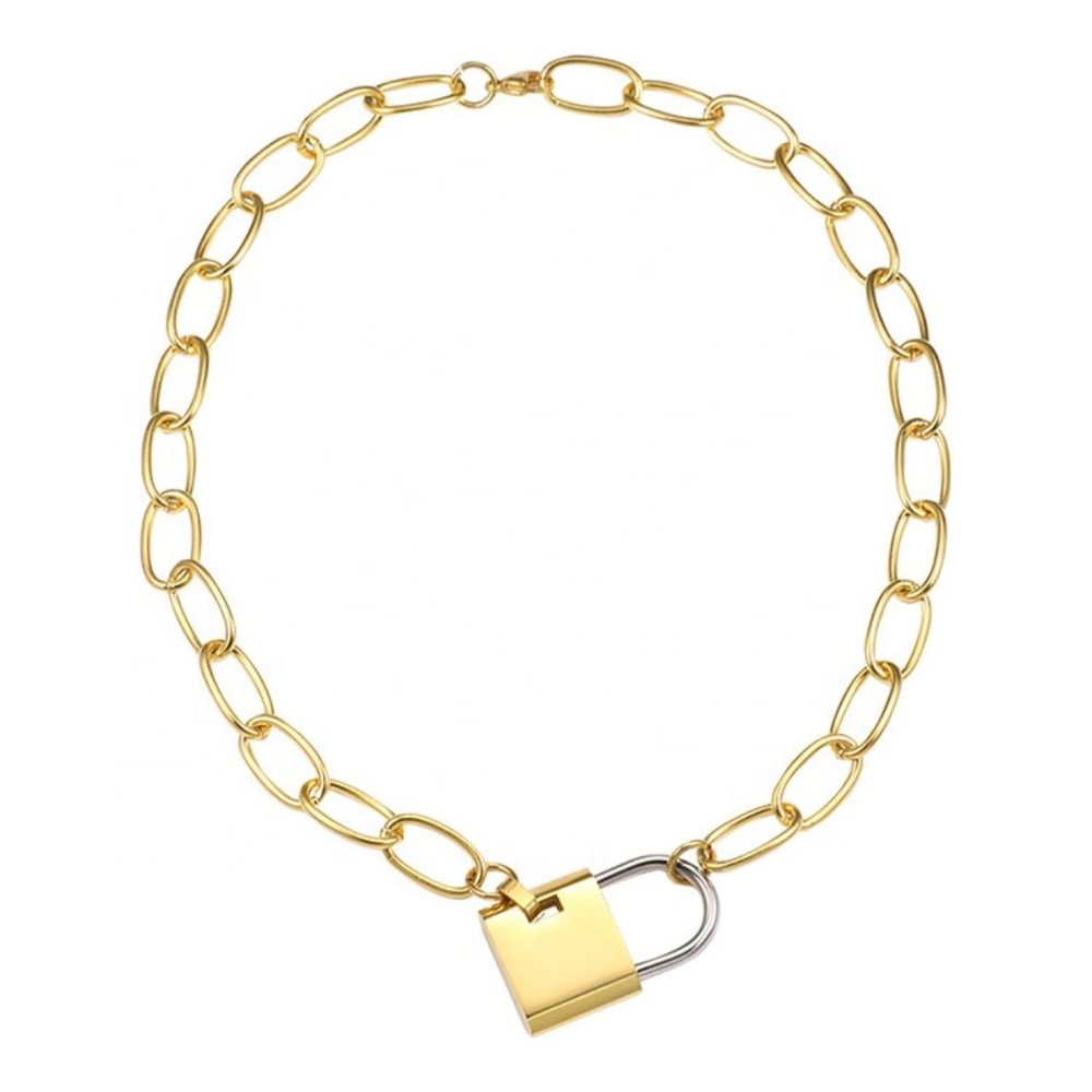 18K Gold Stainless Steel Padlock Pendant Chain - Picture 2 of 5